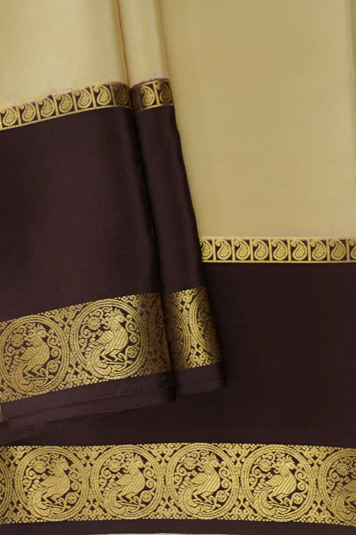  peacock bordered Mysore Silk Saree in Beige and brown