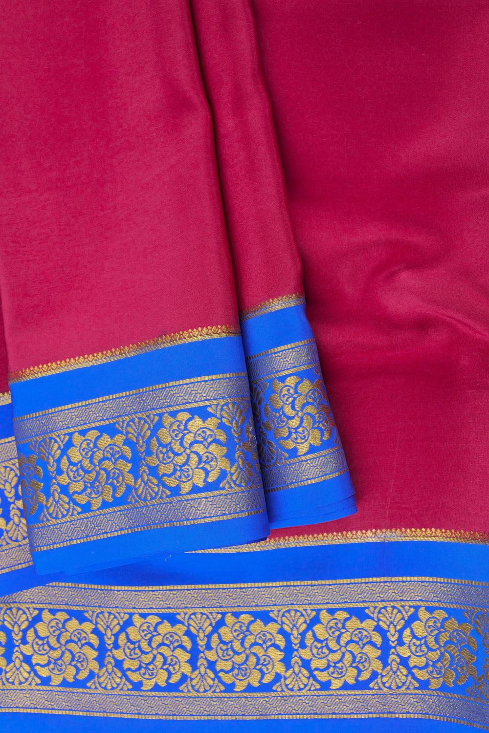 pink and blue Mysore silk saree with golden embroidery
