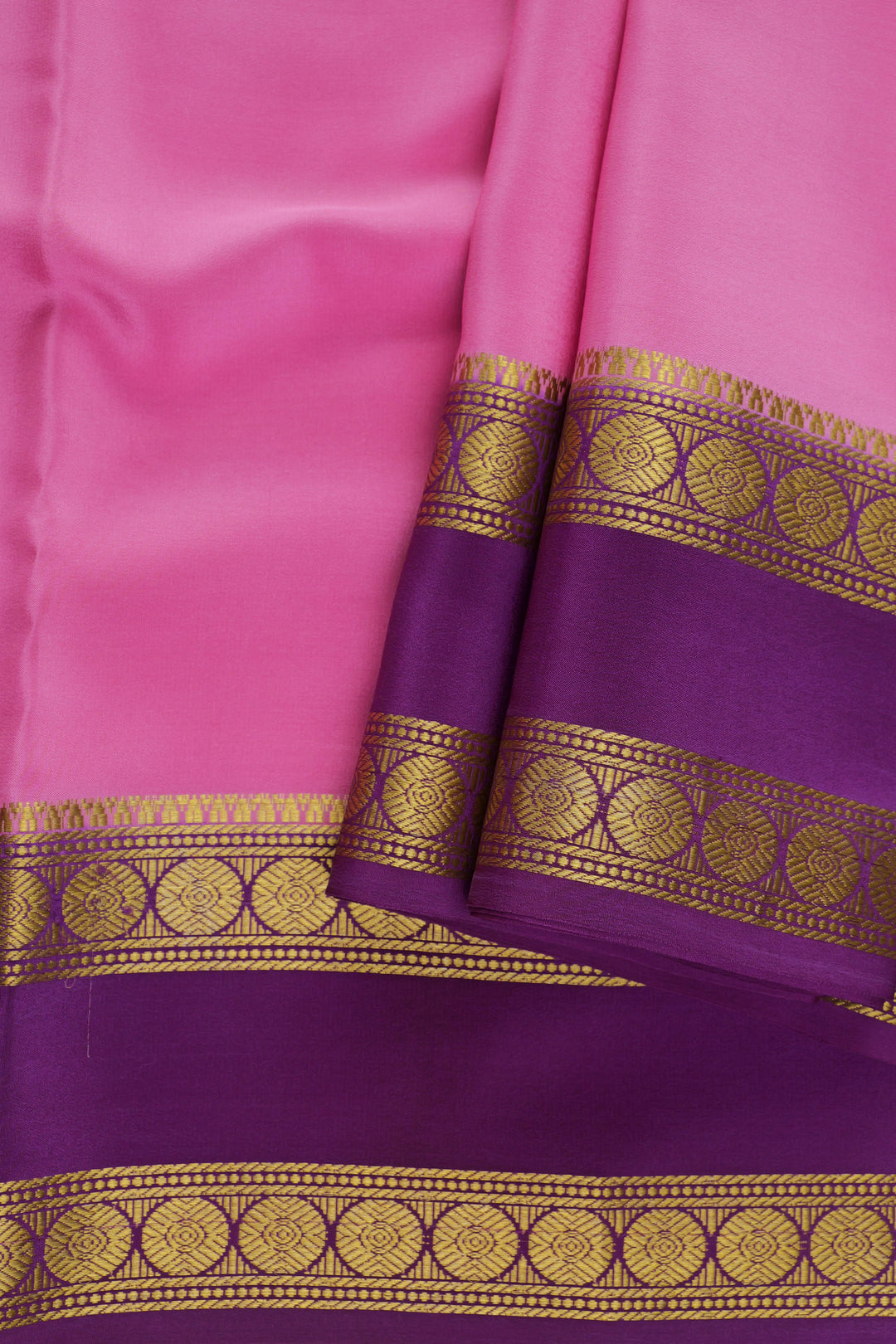 pink and purple saree with golden border in Mysore Silk Saree