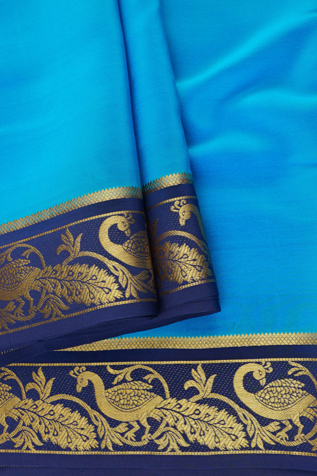 pure Mysore silk saree in blue and navy combination with gold peacock pattern border