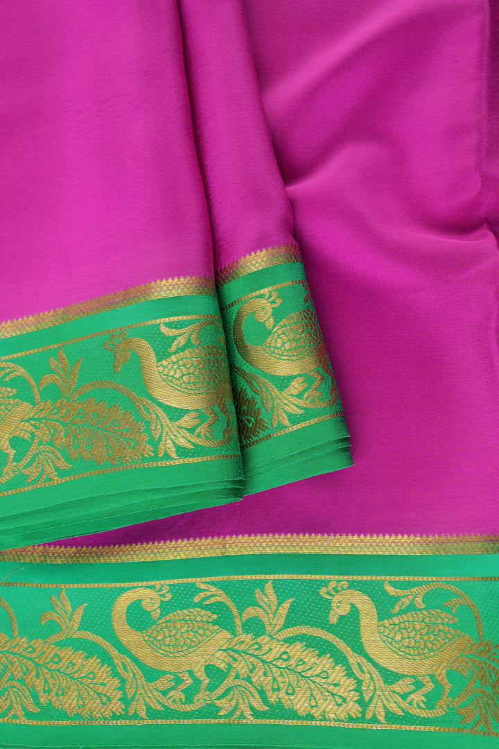 pure Mysore silk saree in pinkish purple with vibrant green peacock border