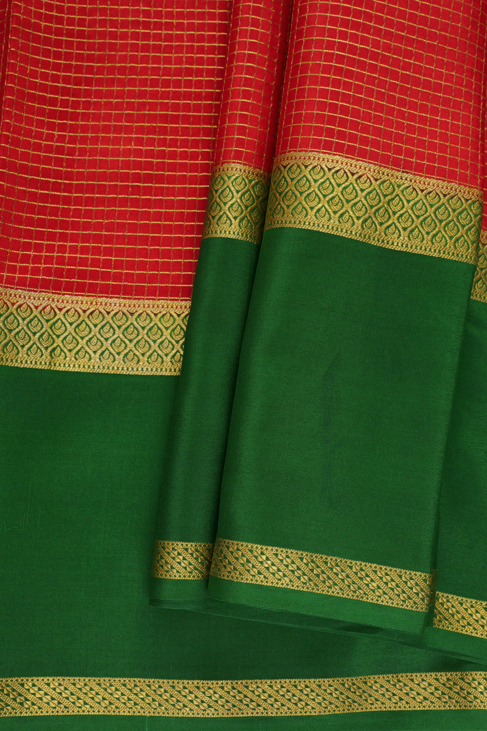 pure gold lace Mysore silk saree in a striking red and green color combination