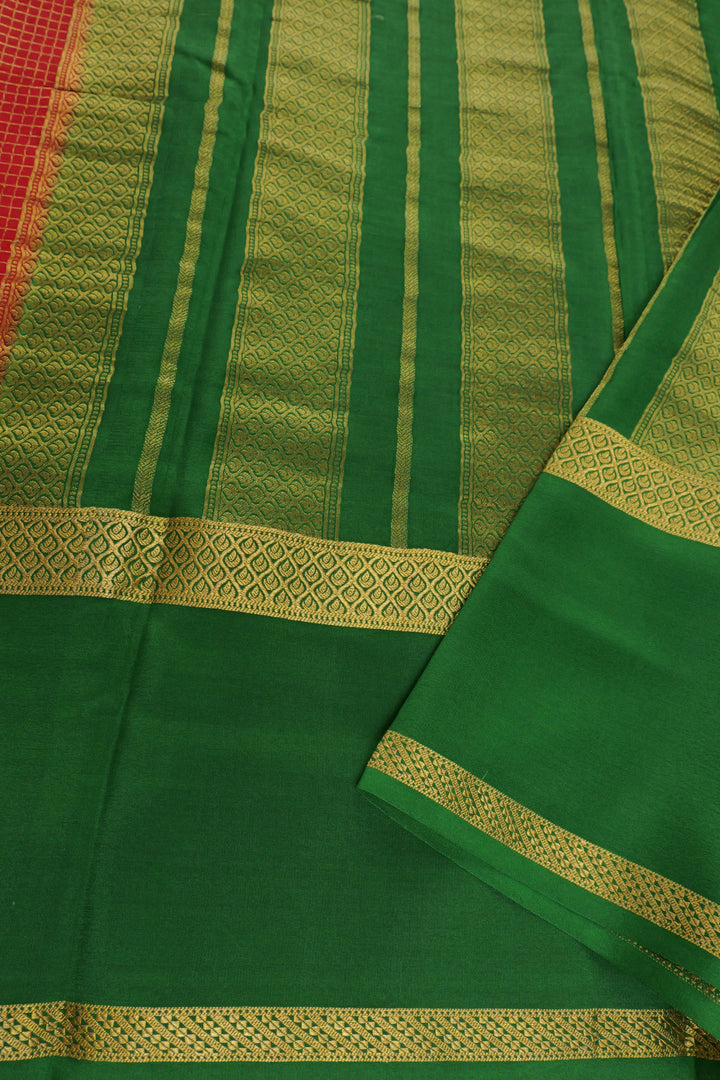 pure gold lace Mysore silk saree in a striking red with green pallu
