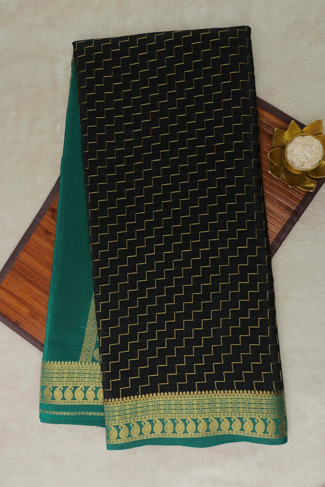 pure gold zari mysore silk sarees in balck and green color
