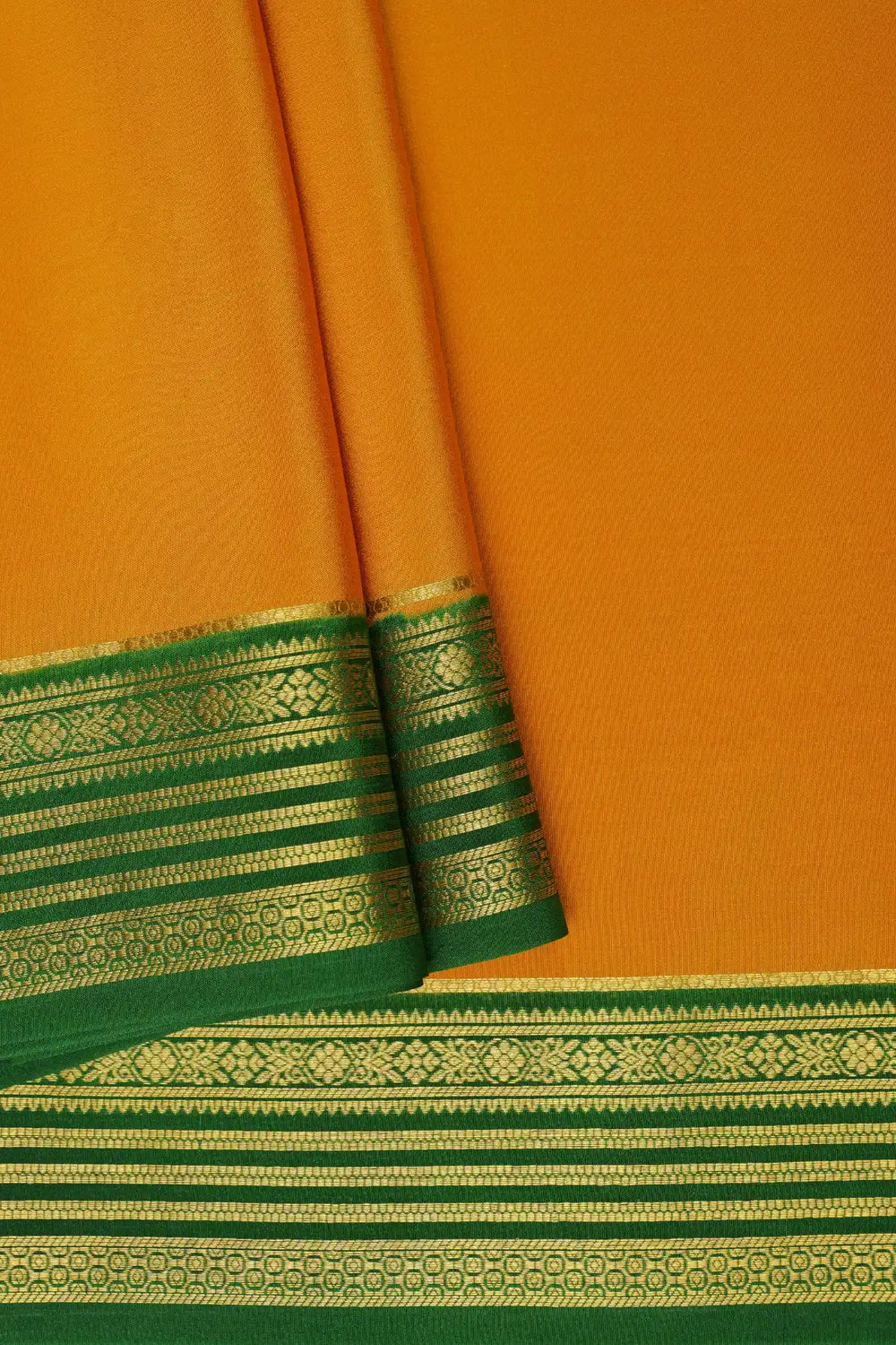 pure traditional mysore silk sarees in yellow with green gold border