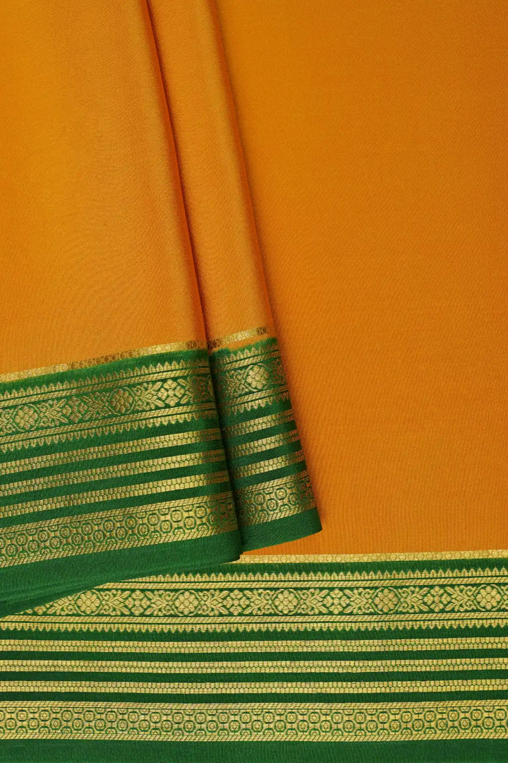pure traditional mysore silk sarees in yellow with green gold border