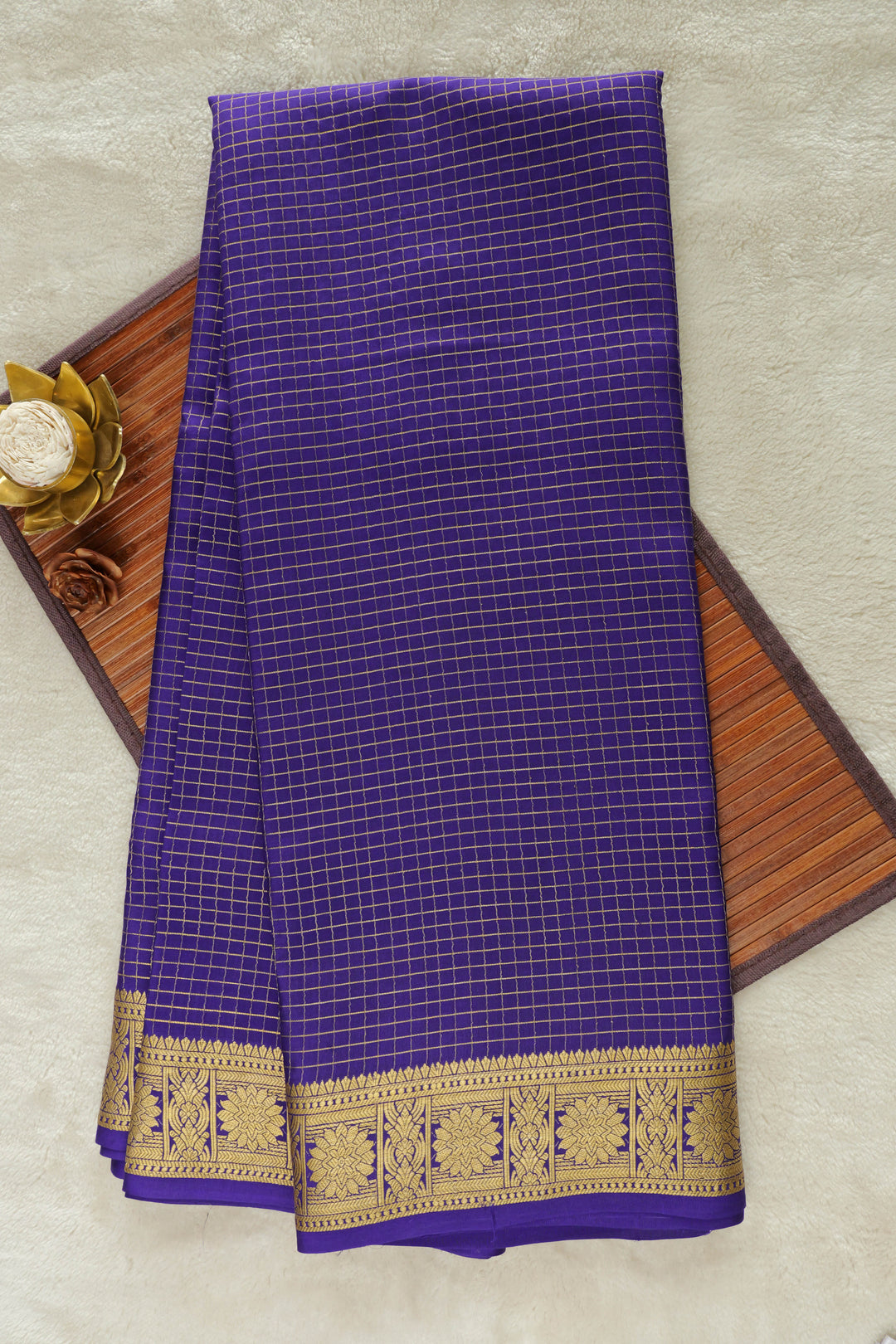 purple Mysore Silk saree with gold border and checked body