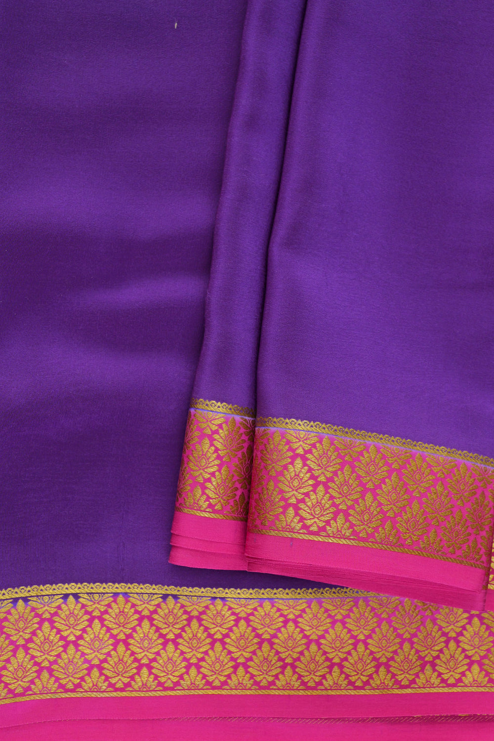 purple Mysore silk saree with pink and gold woven border