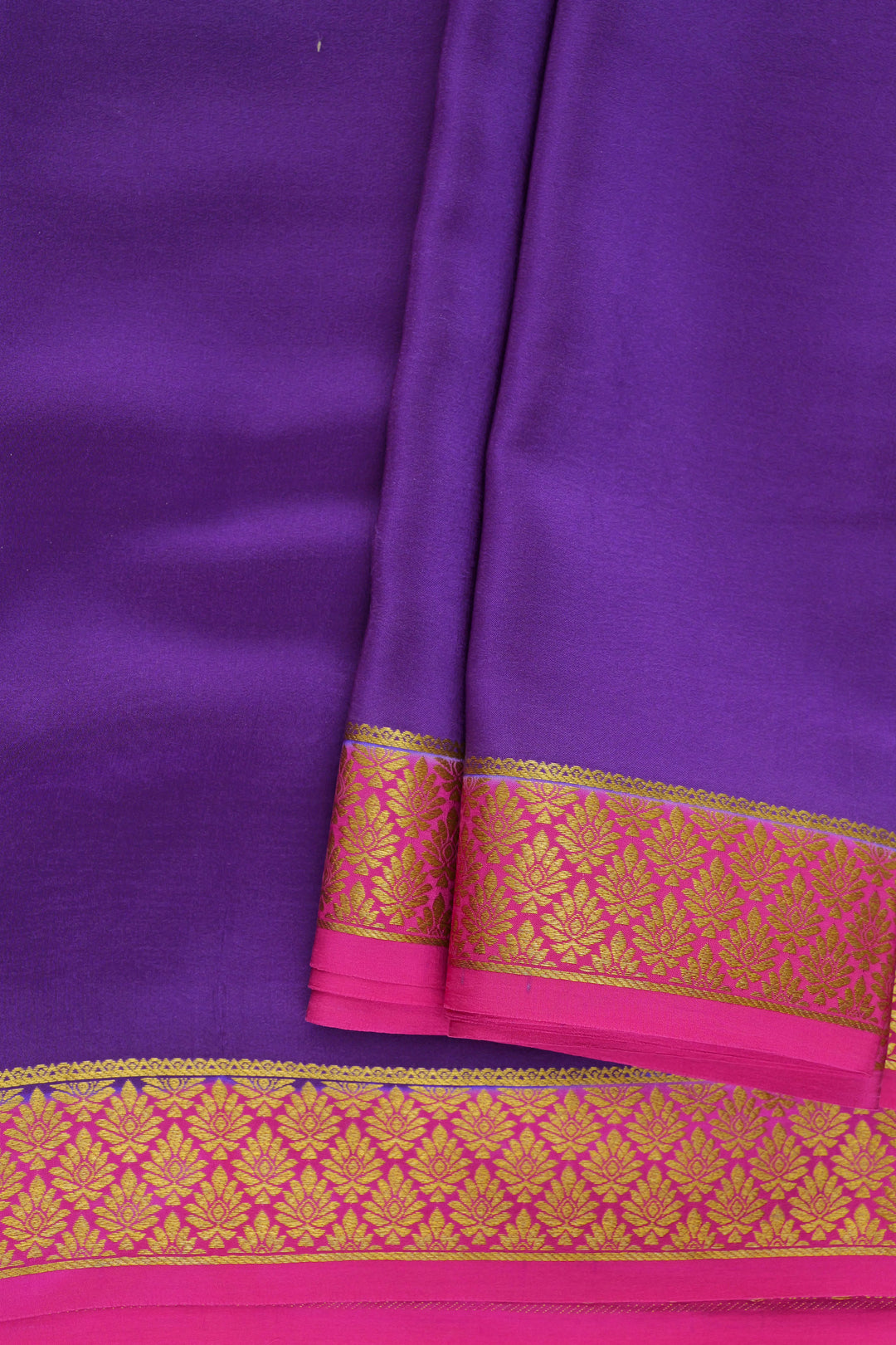 purple Mysore silk saree with pink and gold woven border