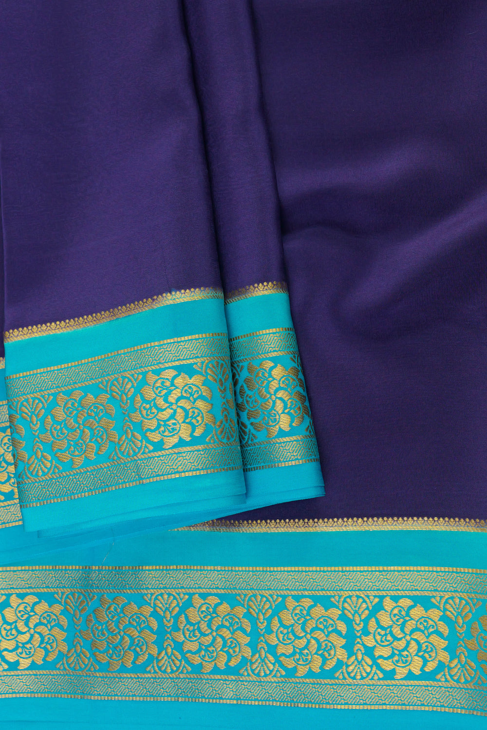 purple saree with contrasting blue border in Mysore Silk Sarees