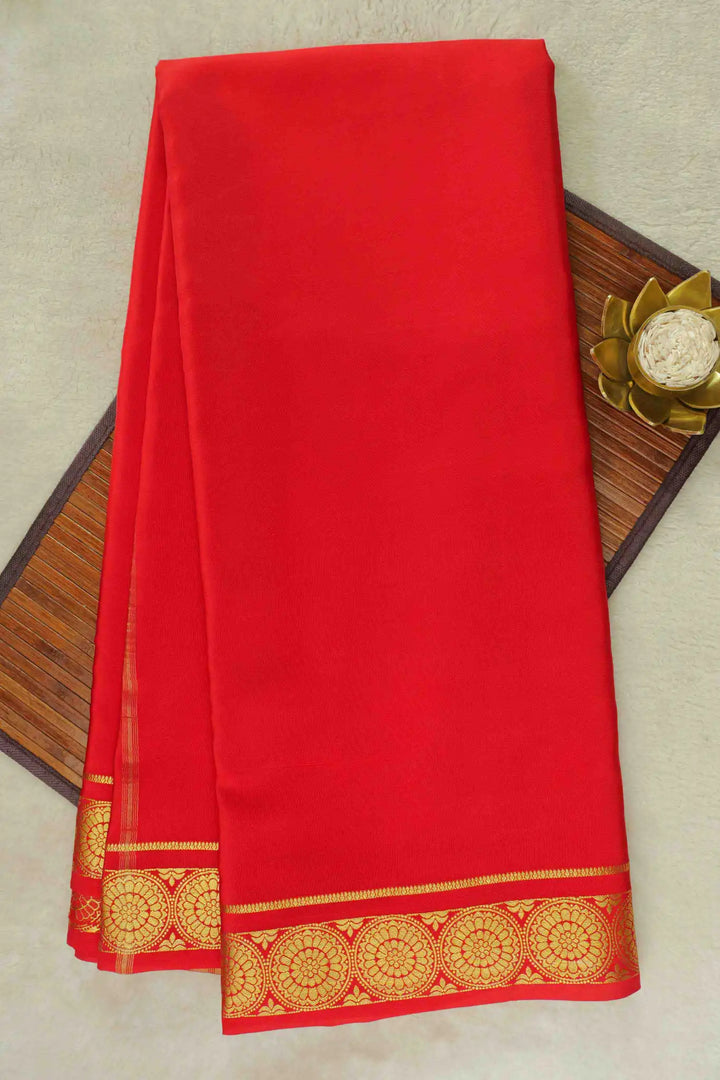 red Pure Mysore Silk Saree with gold patterned edge