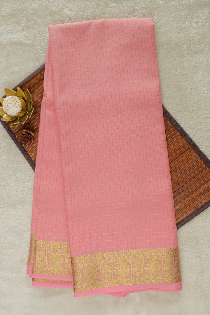  rose pink Mysore Silk saree with floral gold border
