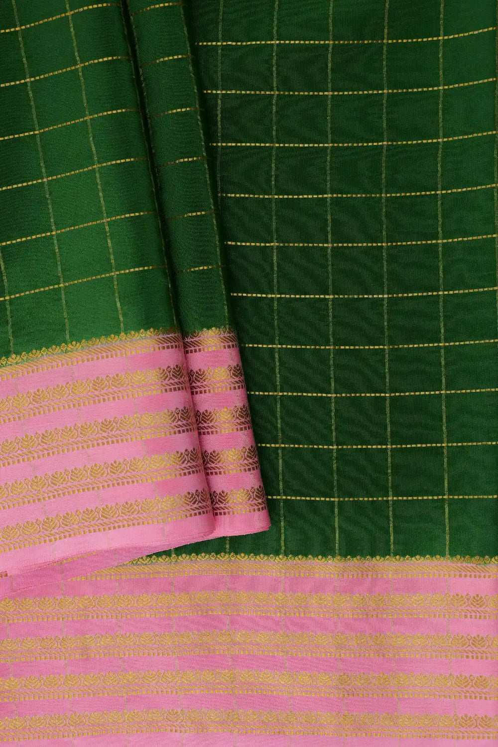 small checks bridal mysore silk sarees in green and pink