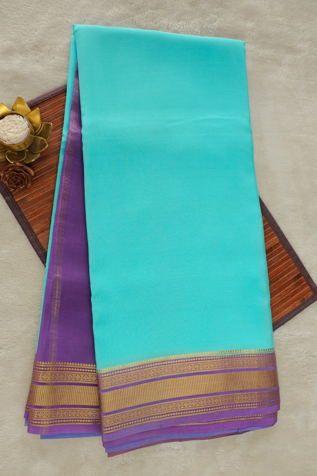 turquoise Mysore Silk Saree with a purple border