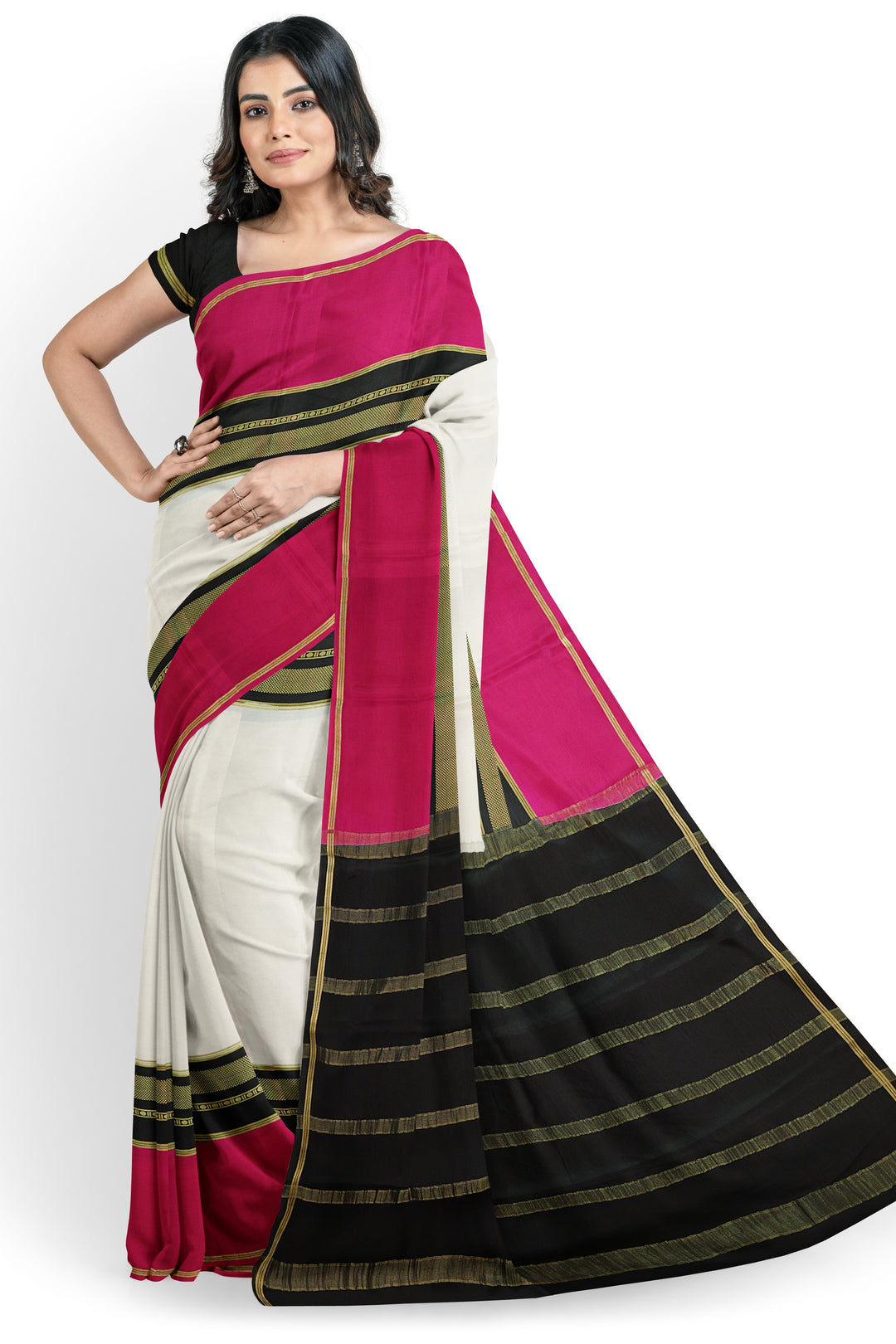 White Pure Mysore Crepe Silk 3D Saree | SILK MARK CERTIFIED