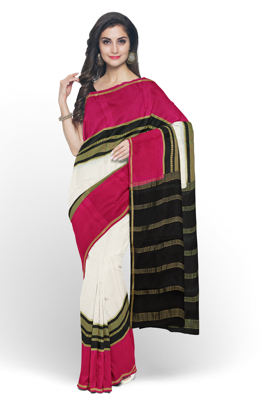 White Pure Mysore Crepe Silk 3D Saree | SILK MARK CERTIFIED