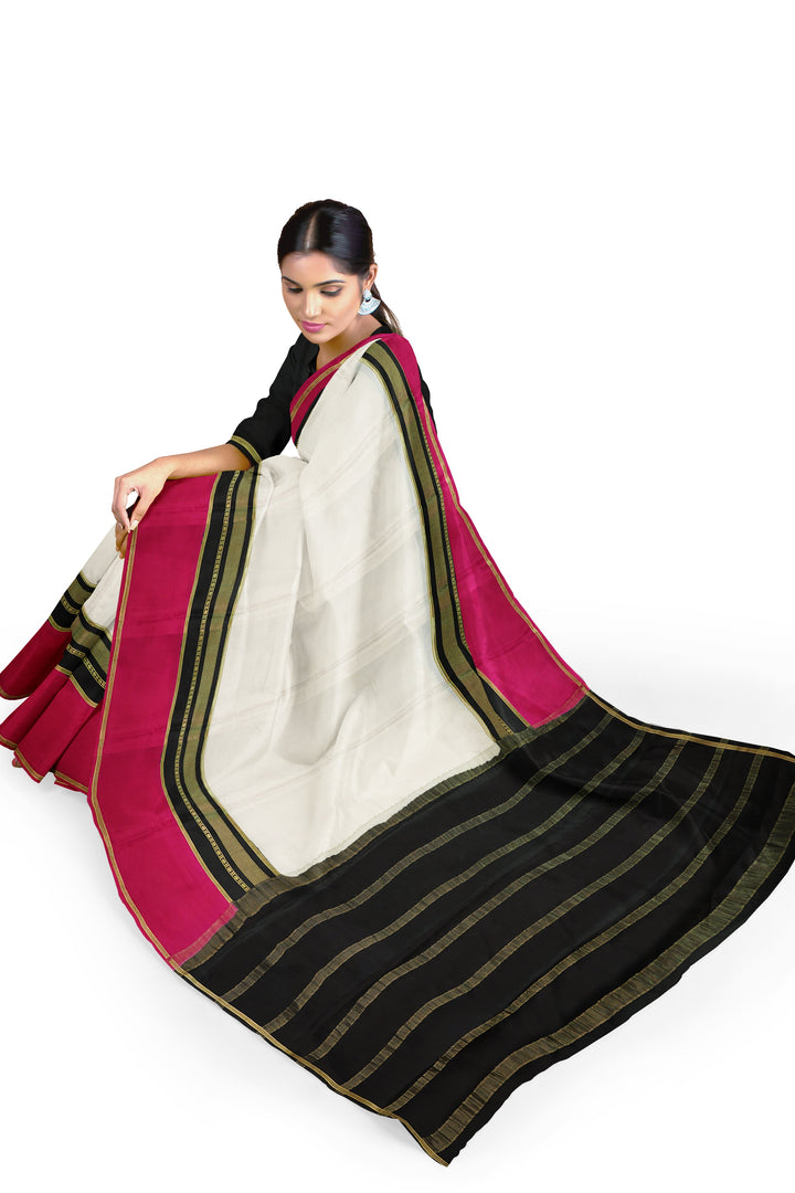 White Pure Mysore Crepe Silk 3D Saree | SILK MARK CERTIFIED